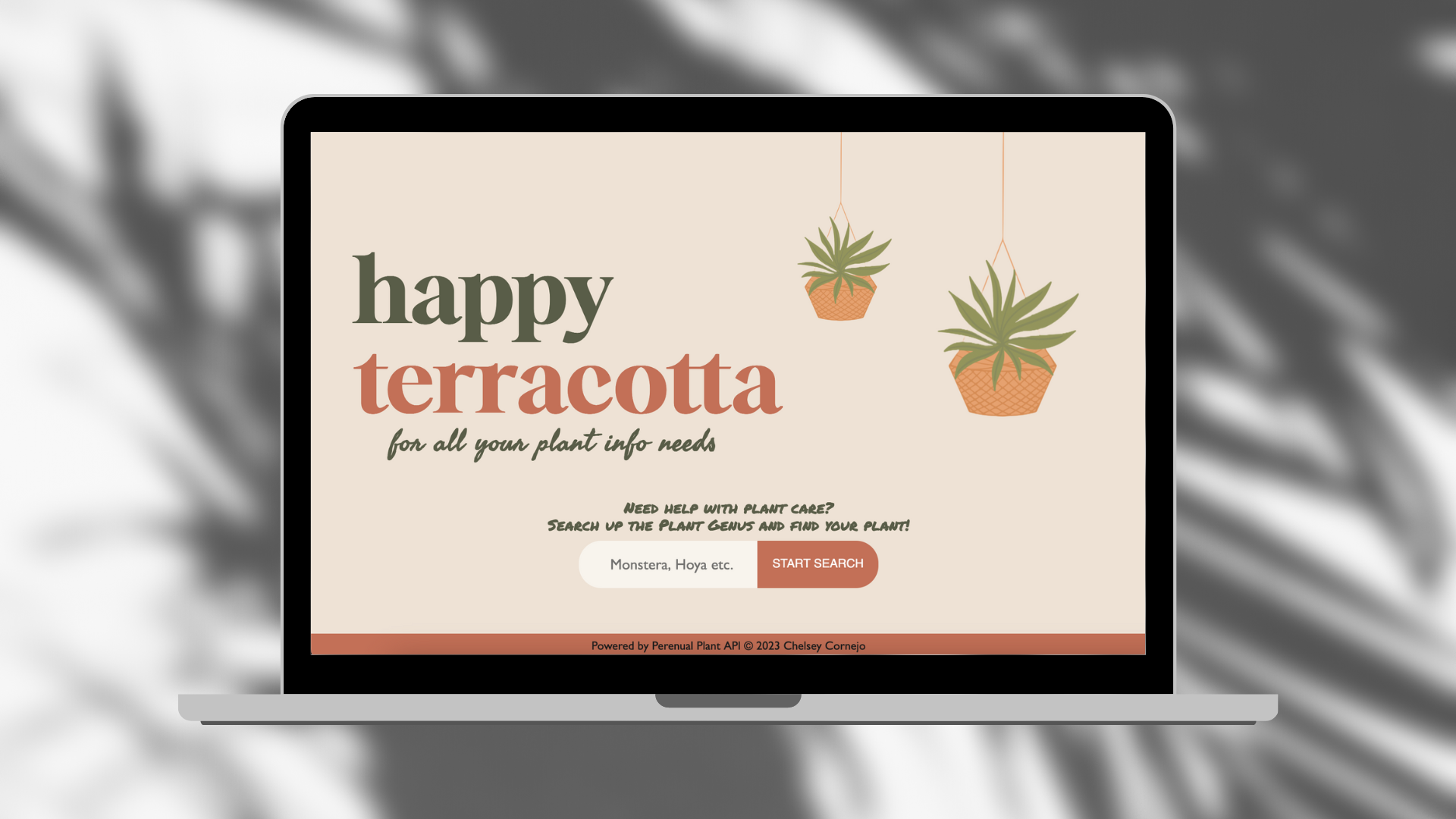 macbook with Happy Terracotta plant info sideNavItem on screen and blurred background